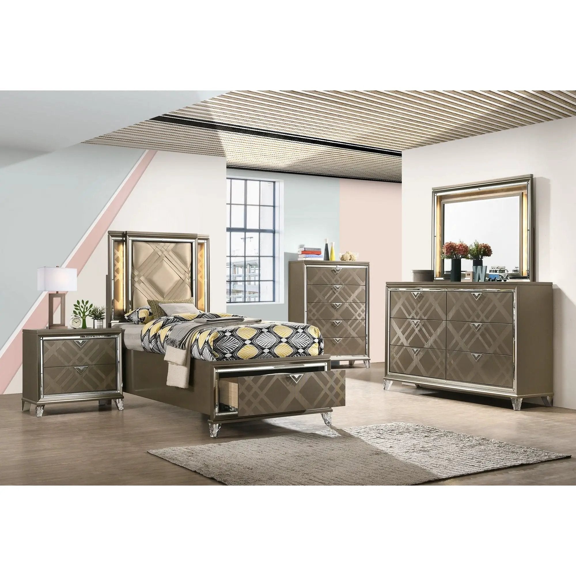 Skylar - Full Bed With LED & Storage - Dark Champagne by Unique Piece Furniture
