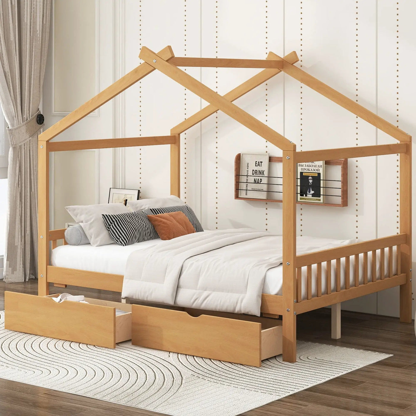 House Style Platform Bed With Headboard, Footboard, 2 Drawers, And Roof Design by HouseOfZazla