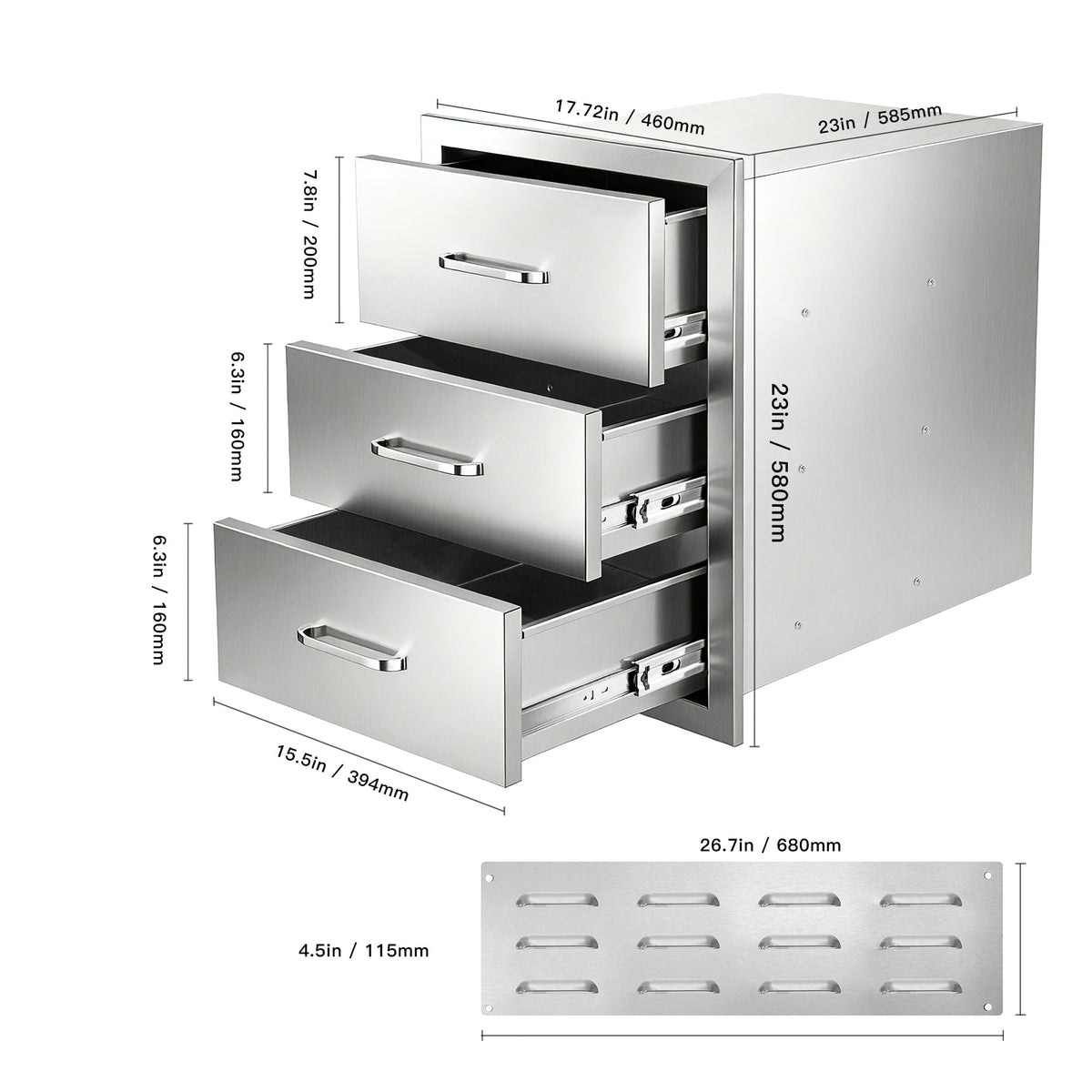 Outdoor Kitchen Drawers Stainless Steel, Flush Mount Triple Drawer,  18Wx23Hx23D with Stainless Steel Handle, BBQ Drawers for Outdoor Kitchens or BBQ Island, photo 7 of 10