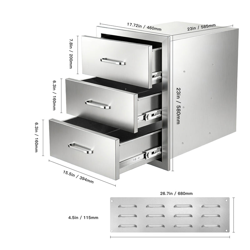 Outdoor Kitchen Drawers Stainless Steel, Flush Mount Triple Drawer,  18Wx23Hx23D with Stainless Steel Handle, BBQ Drawers for Outdoor Kitchens or BBQ Island, photo 7 of 10