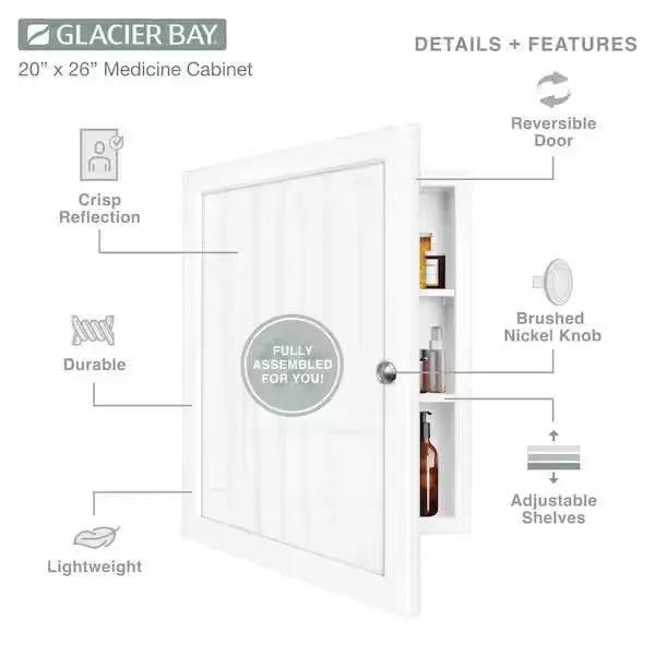 Open Box Glacier Bay 20 in. W x 26 in. HRectangular Framed Recessed or Surface-Mount Bathroom Medicine Cabinet with Mirror, White by Selzalot