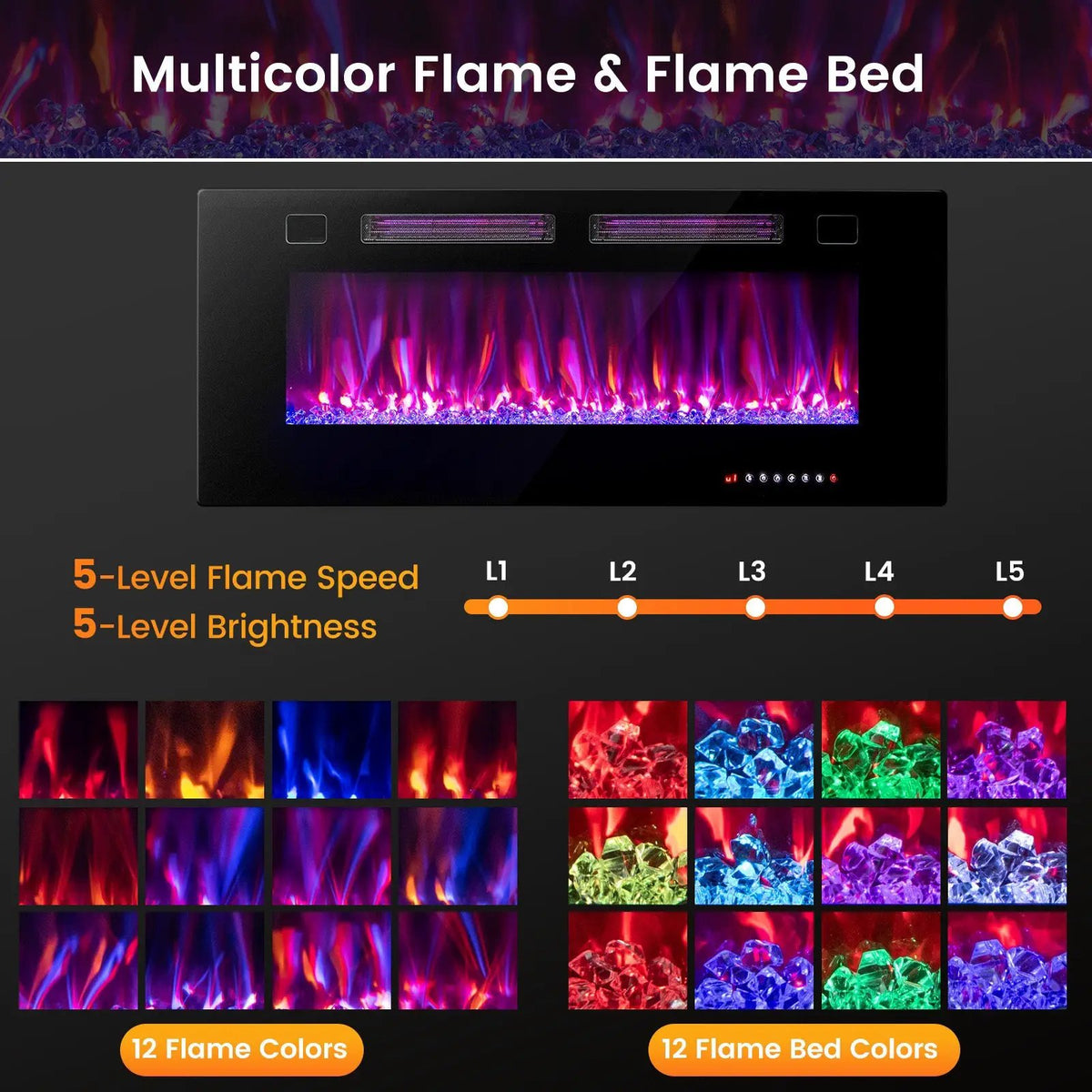 42/50/60/72 Inch Ultra-Thin Electric Fireplace with Decorative Crystals-50 inches by DirectDeals