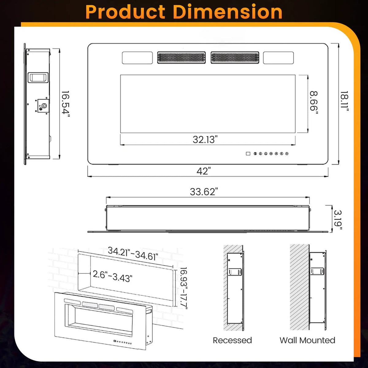 42/50/60/72 Inch Ultra-Thin Electric Fireplace with Decorative Crystals-50 inches by DirectDeals