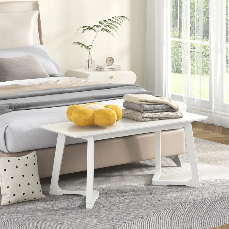 42 Inch Modern Entryway Bench Long Dining Bench with Rubber Wood Legs-White by DirectDeals