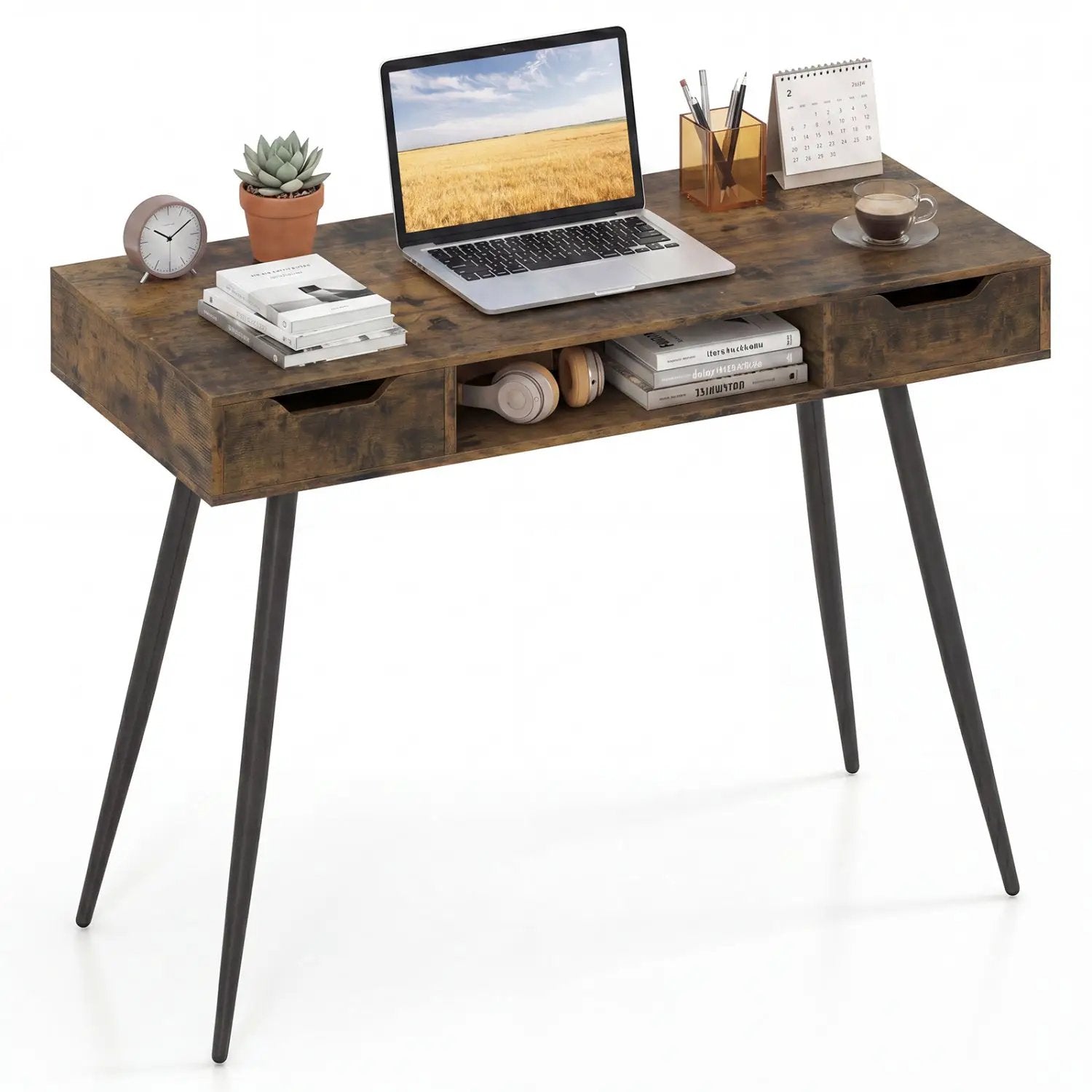 42.5" Mid Century Modern Writing Desk with Metal Leg and Drawers by DirectDeals