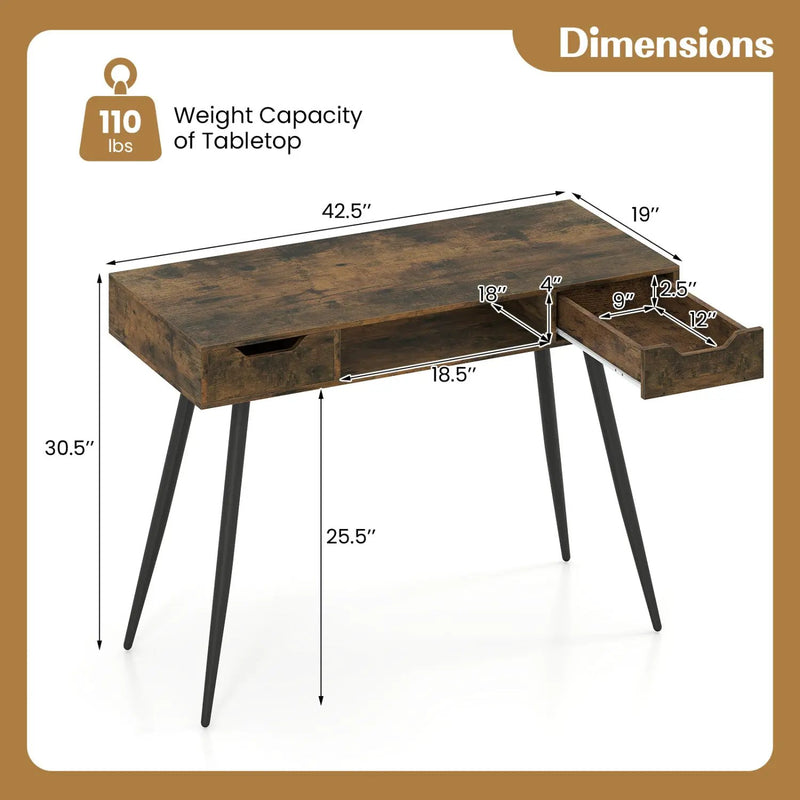 42.5" Mid Century Modern Writing Desk with Metal Leg and Drawers by DirectDeals