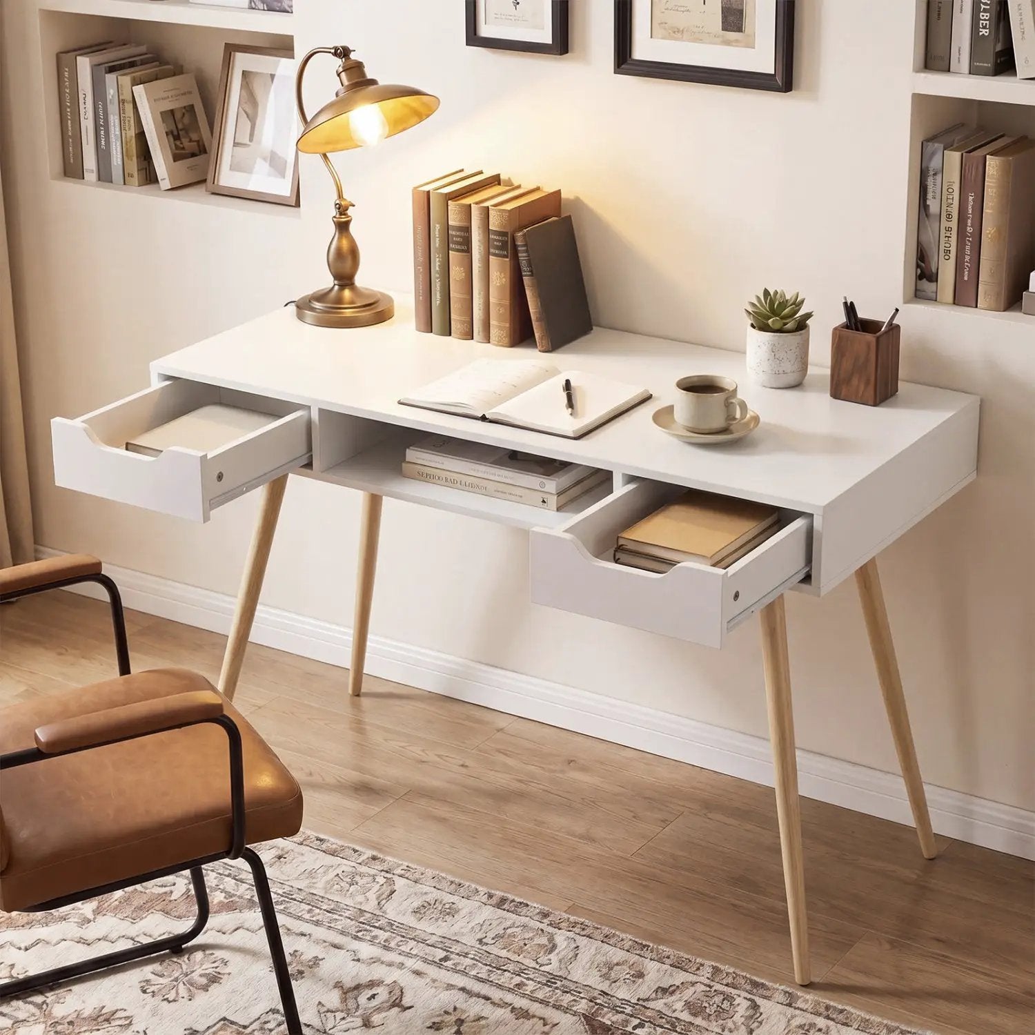 42.5" Mid Century Modern Writing Desk with Metal Leg and Drawers by DirectDeals