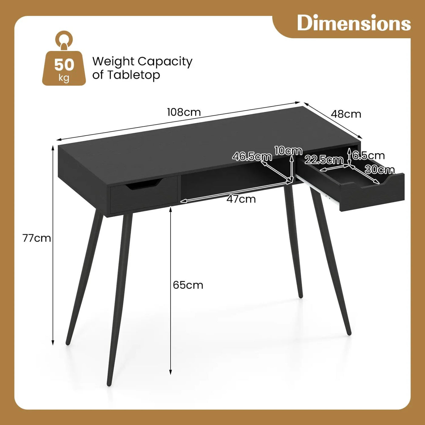 42.5" Mid Century Modern Writing Desk with Metal Leg and Drawers by DirectDeals