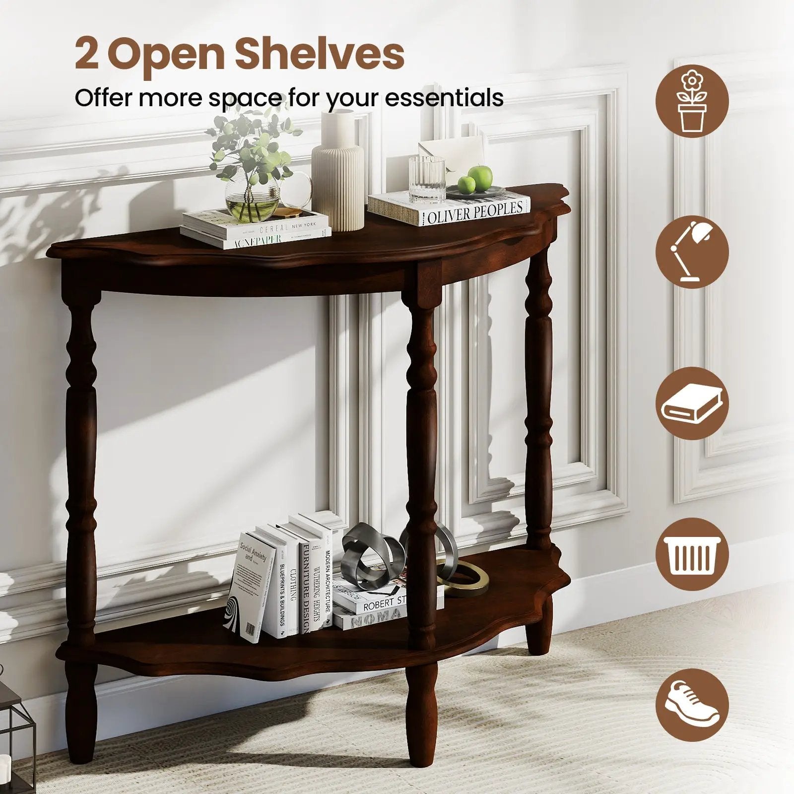 42 Inch Half Moon Console Table with Shelf and Rubber Wood Legs-Espresso by DirectDeals