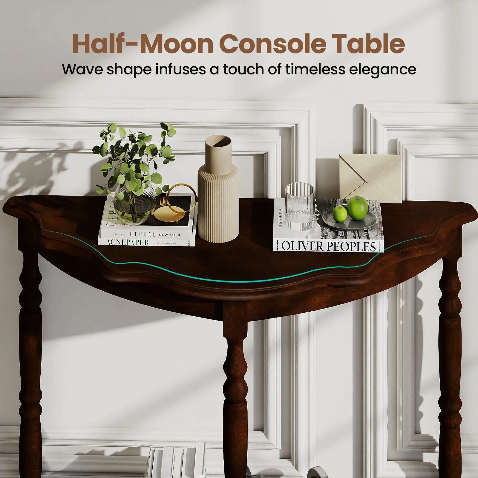 42 Inch Half Moon Console Table with Shelf and Rubber Wood Legs-Espresso by DirectDeals