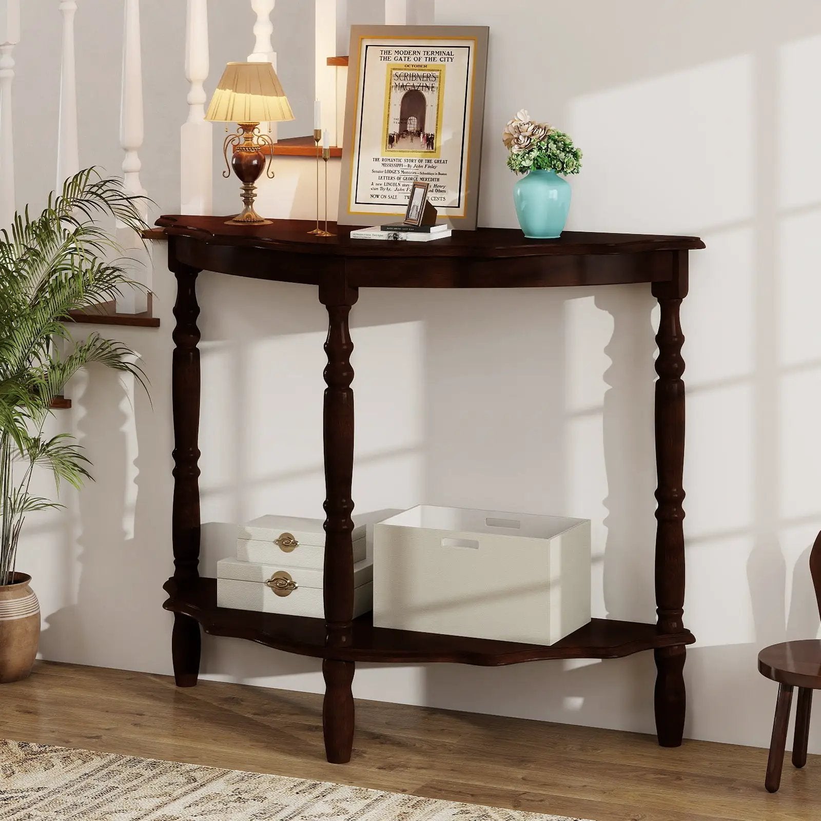 42 Inch Half Moon Console Table with Shelf and Rubber Wood Legs-Espresso by DirectDeals