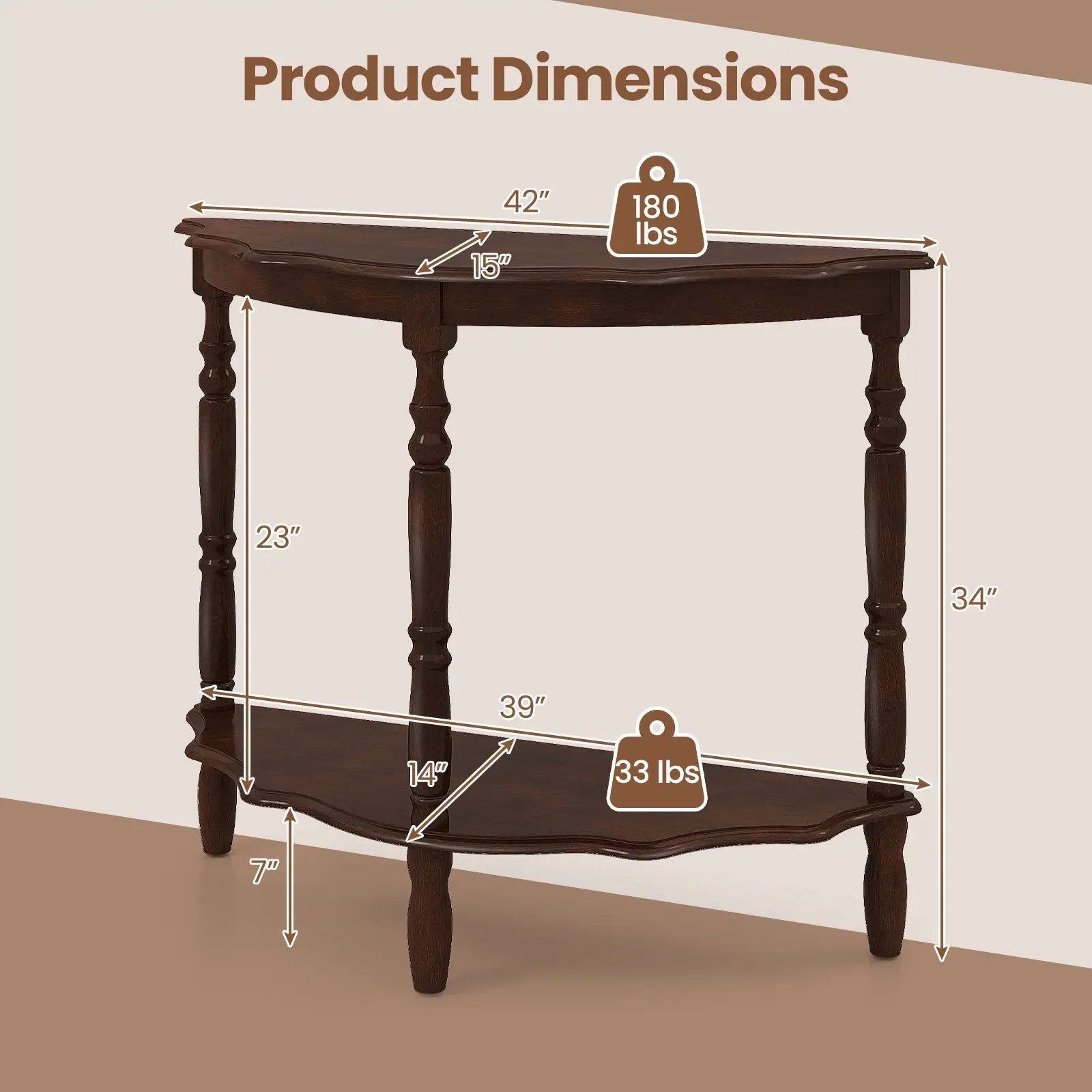 42 Inch Half Moon Console Table with Shelf and Rubber Wood Legs-Espresso by DirectDeals