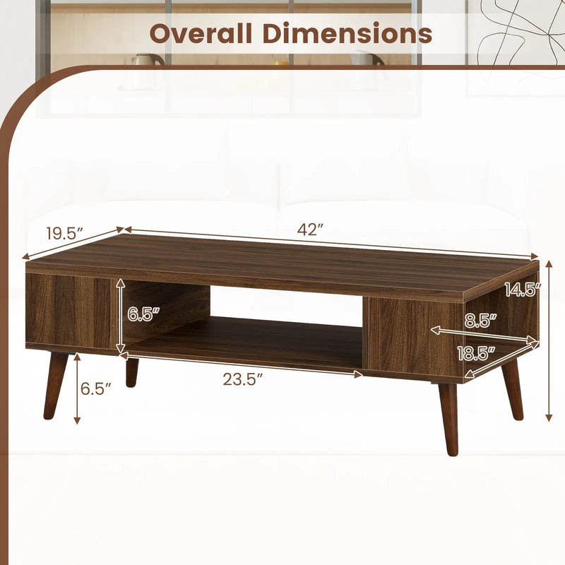 42 Inch Mid Century Modern Coffee Table Rectangular with Open Compartment-Walnut by DirectDeals