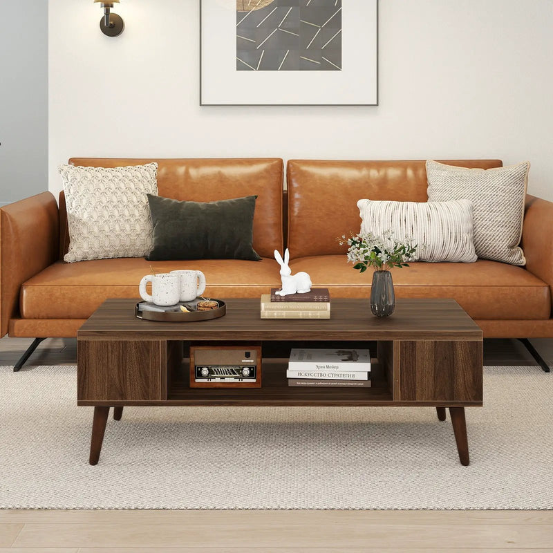 42 Inch Mid Century Modern Coffee Table Rectangular with Open Compartment-Walnut by DirectDeals