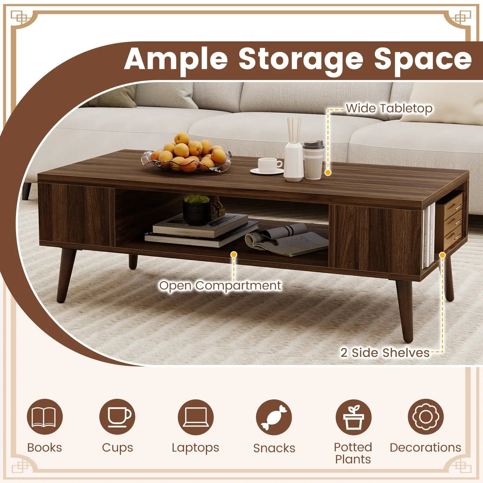 42 Inch Mid Century Modern Coffee Table Rectangular with Open Compartment-Walnut by DirectDeals