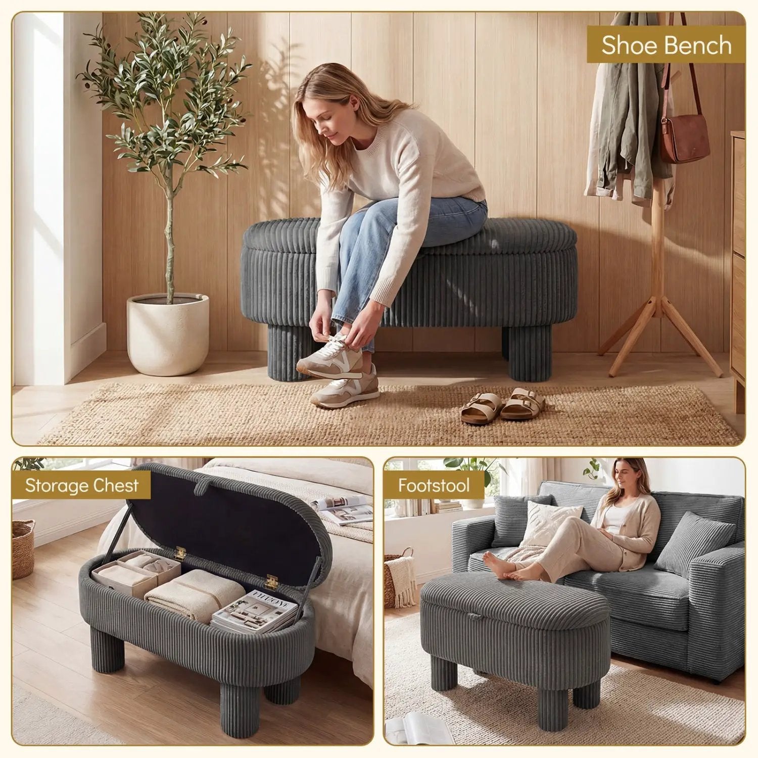 42 Inch Storage Ottoman Bench Corduroy Fabric Upholstered Foot Stool by DirectDeals