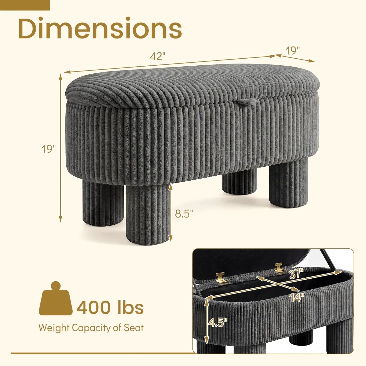 42 Inch Storage Ottoman Bench Corduroy Fabric Upholstered Foot Stool by DirectDeals