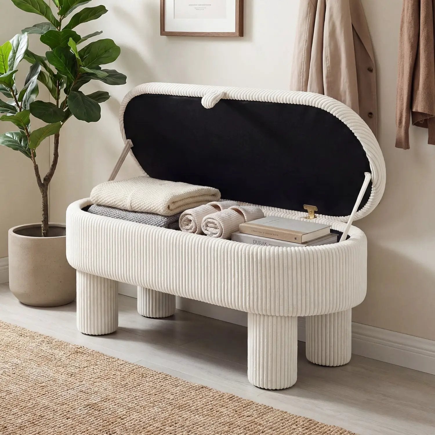 42 Inch Storage Ottoman Bench Corduroy Fabric Upholstered Foot Stool by DirectDeals