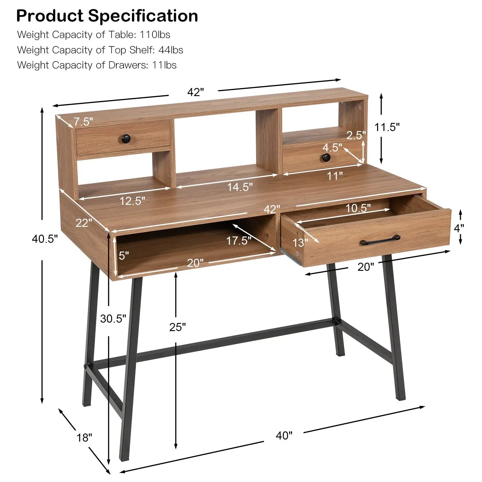 42-Inch Vanity Desk with Tabletop Shelf and 2 Drawers-Natural by DirectDeals