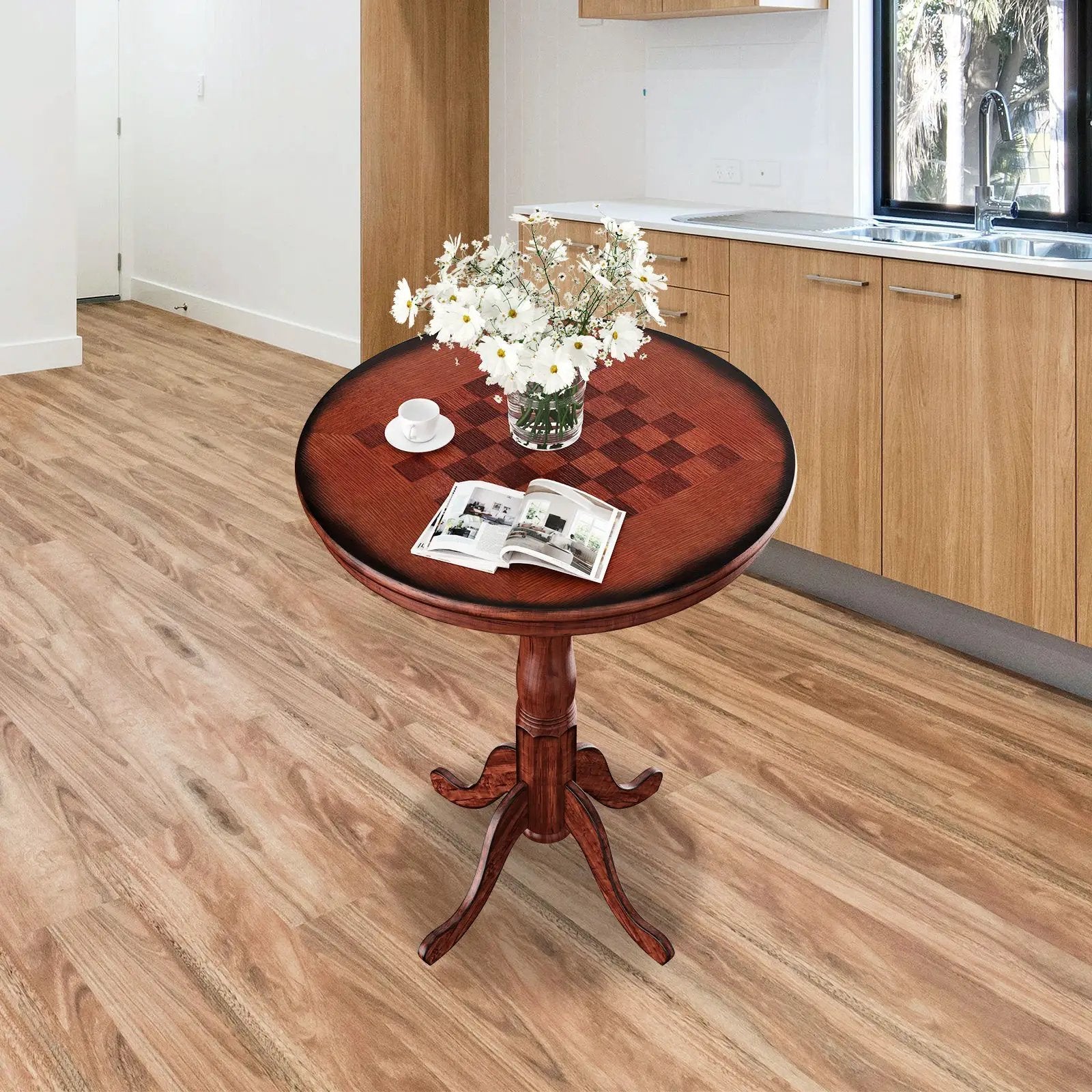 42 Inch Wooden Round Pub Pedestal Side Table with Chessboard by DirectDeals
