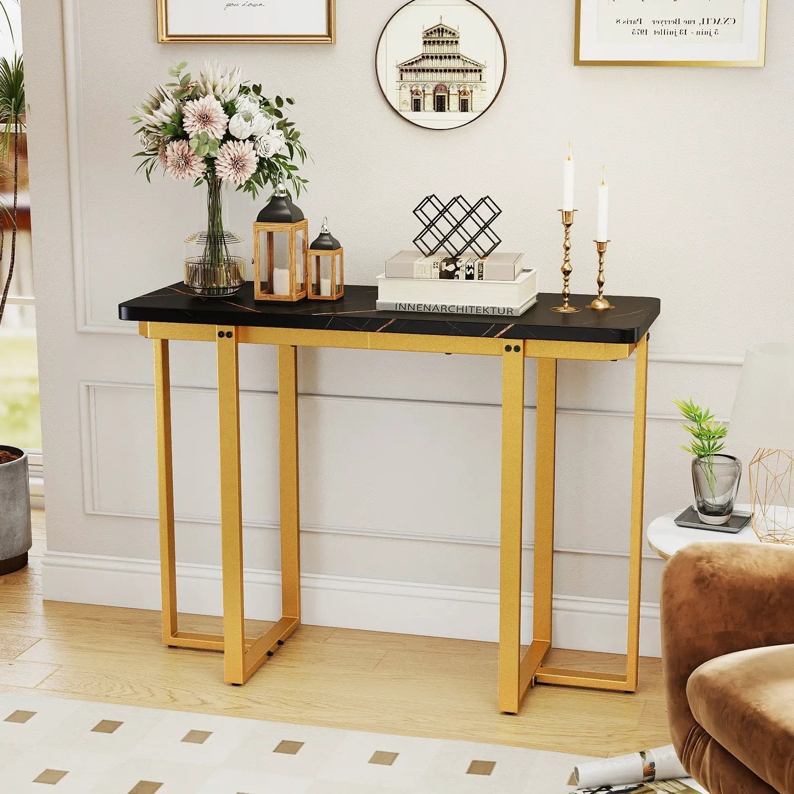 42 Inches Modern Faux Marble Entryway Table with Geometric Metal Frame by DirectDeals