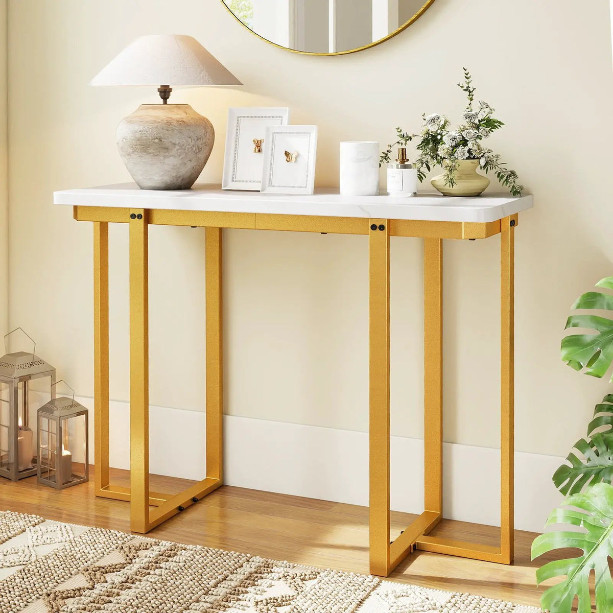 42 Inches Modern Faux Marble Entryway Table with Geometric Metal Frame by DirectDeals