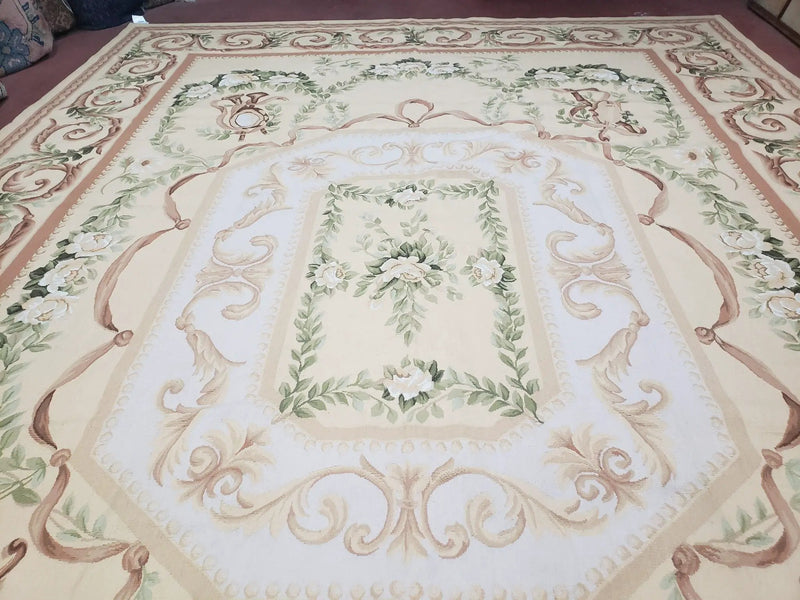 Elegant Aubusson Rug 10 x 14, Cream and Ivory Simple Aubusson Floral Carpet, Hand-Woven, European, New Aubusson Rug, Wool Area Rug, Violins by Jewel Rugs