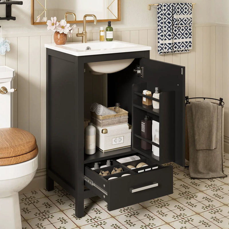Bathroom Vanity With Ceramic Sink, Soft Close Drawers, Door Organizer, Divider Drawer, Adjustable Foot Pads by HouseOfZazla