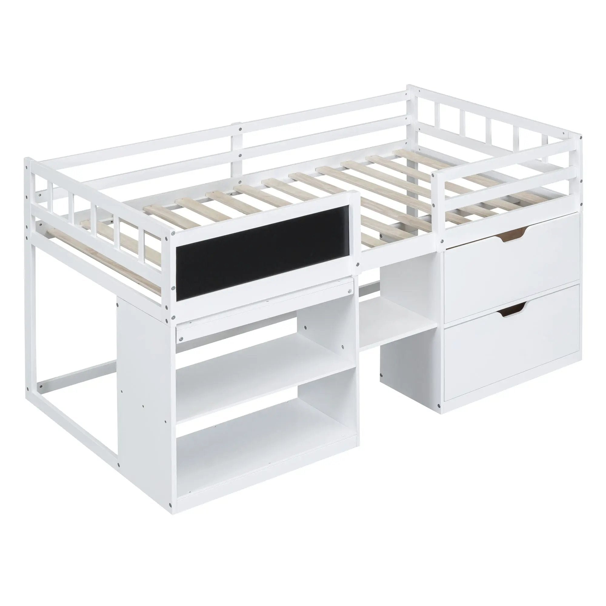 Low Loft Bed With Rolling Desk, Shelf And Drawers by HouseOfZazla