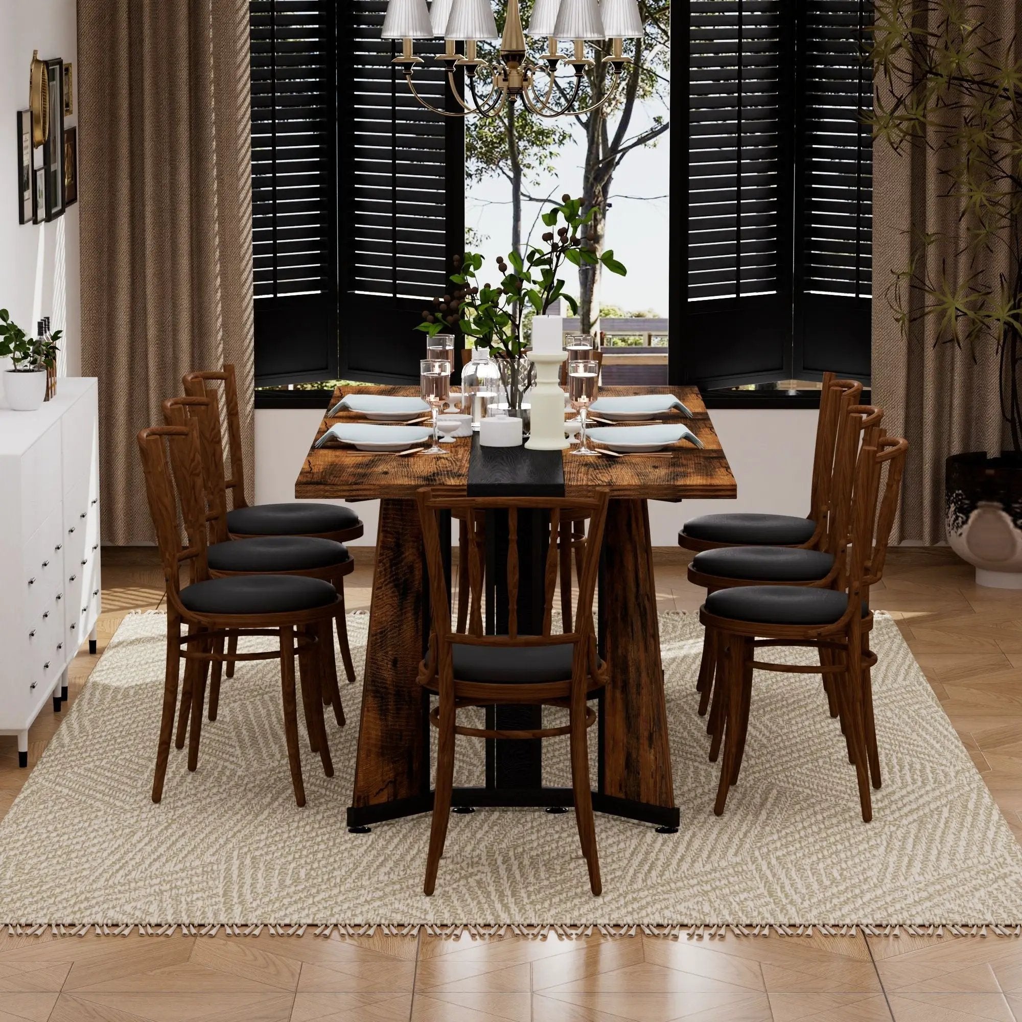 Rustic Rectangular Large Dining Table, Waterproof Desk For 8 People, & Steel With Adjustable Legs - Black / Rustic Brown by HouseOfZazla