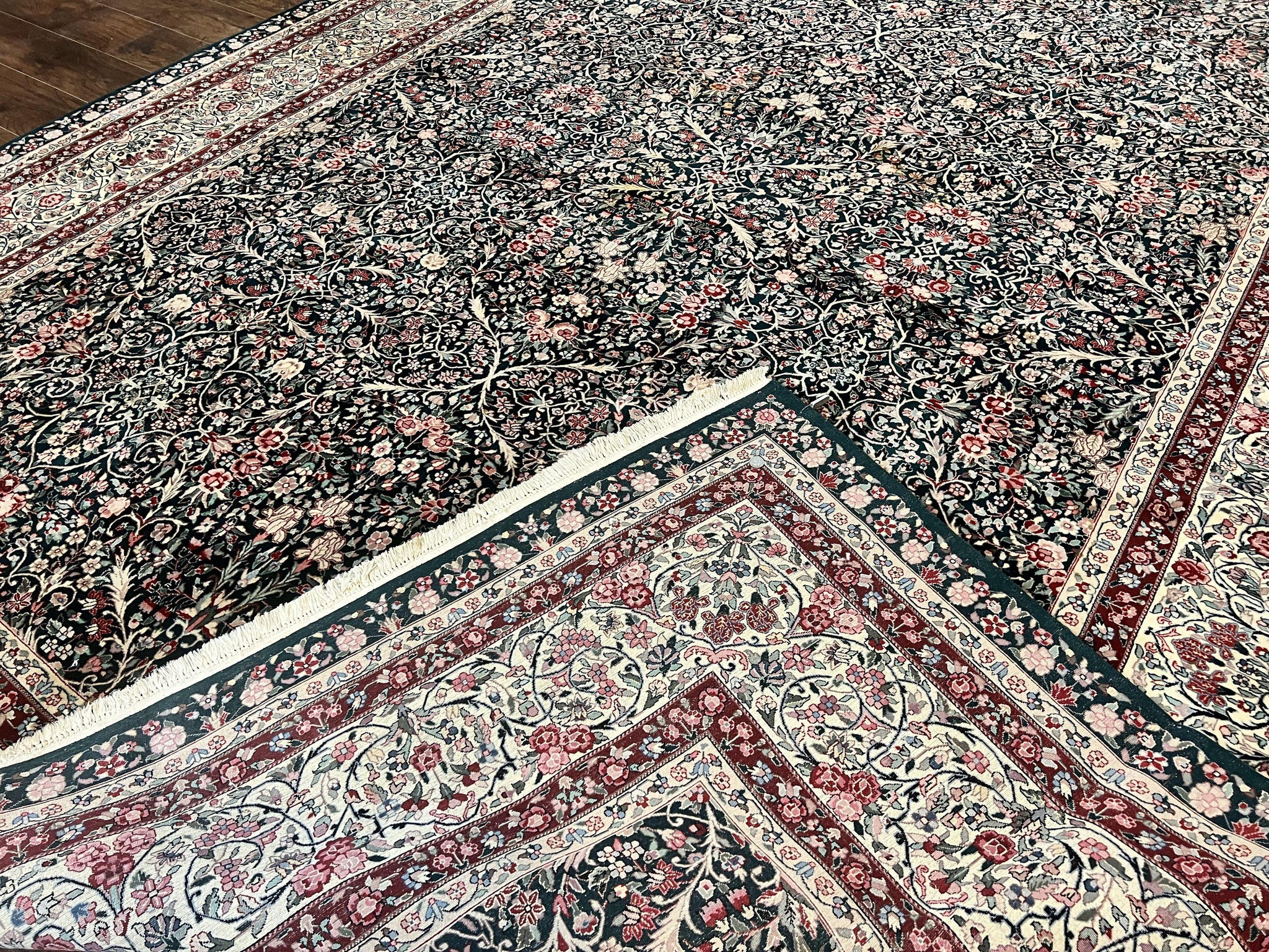 Large Sino Persian Rug 10x14, Wool Hand Knotted Vintage Carpet, Dark Green & Beige, Kirman Floral Rug, Fine Weave, Traditional, Large by Jewel Rugs