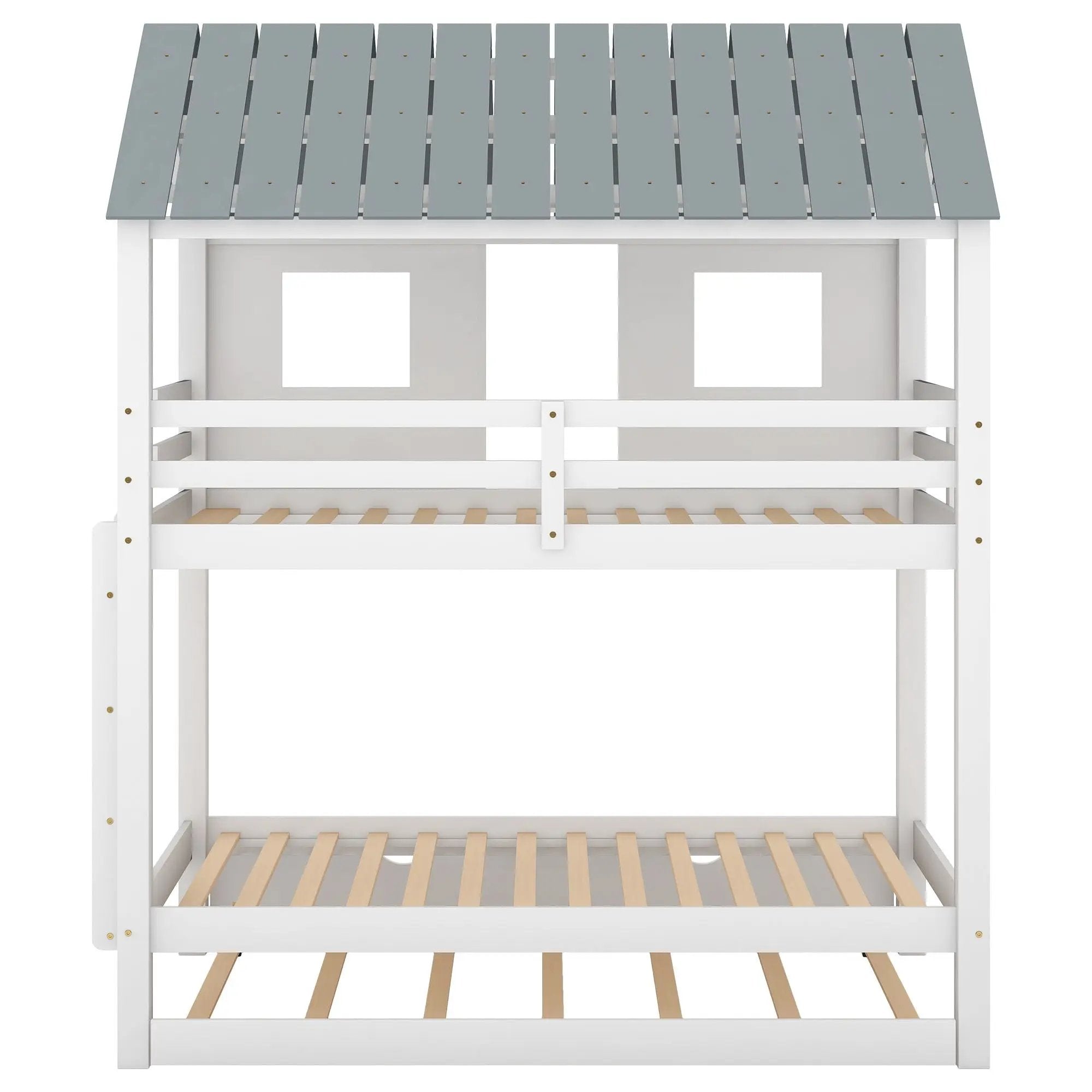 Twin Size House Bunk Bed With Trundle, Roof And Windows - White / Gray by HouseOfZazla