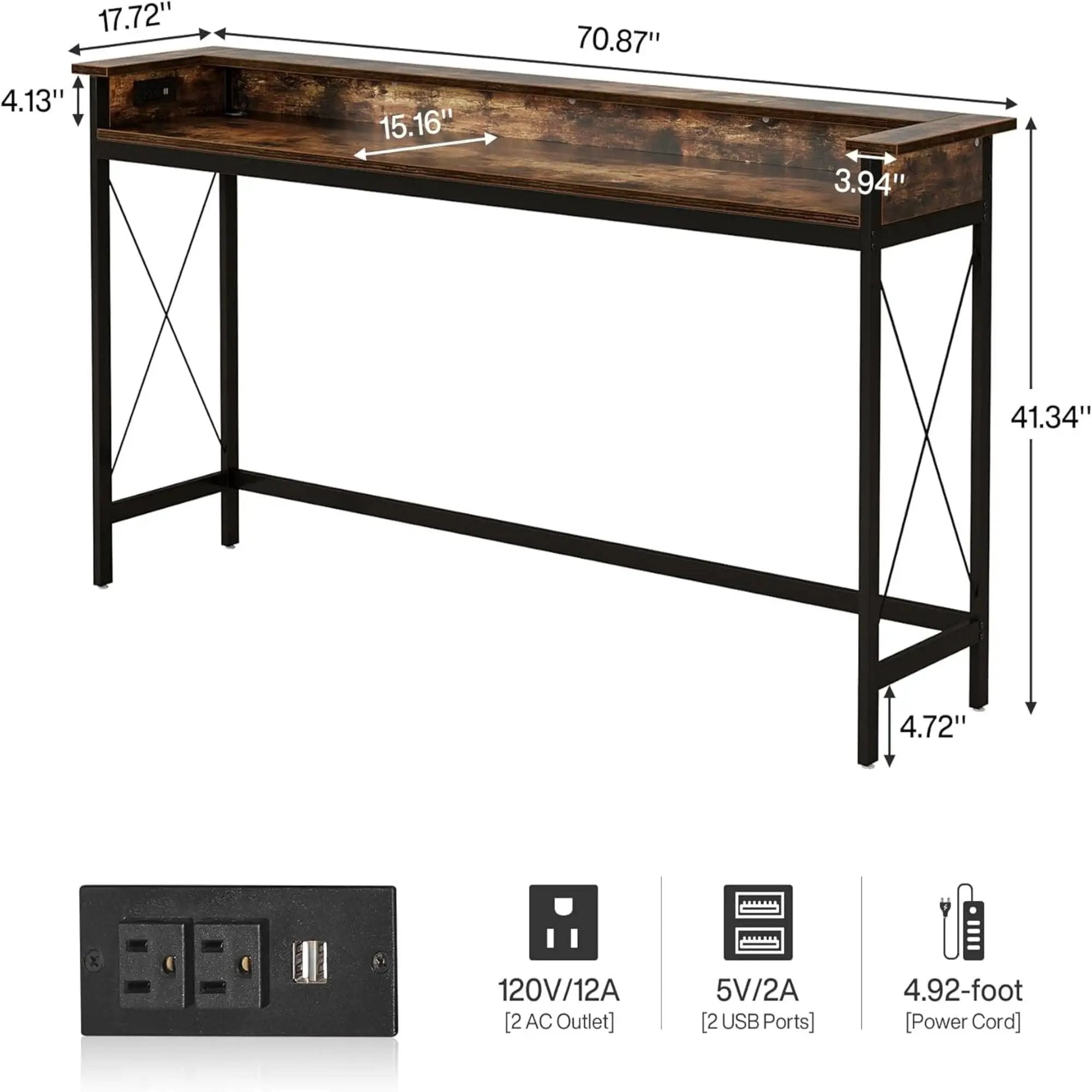 Console Table With Charging Station, Extra Long For Living Hallway - Brown / Black by HouseOfZazla