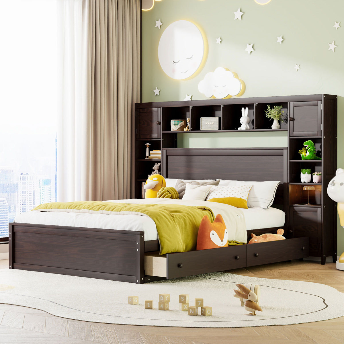 Queen Cabinet Bed with Shelves and Built-in Sockets - Dark Brown, White or Dark Gray, photo 2 of 12