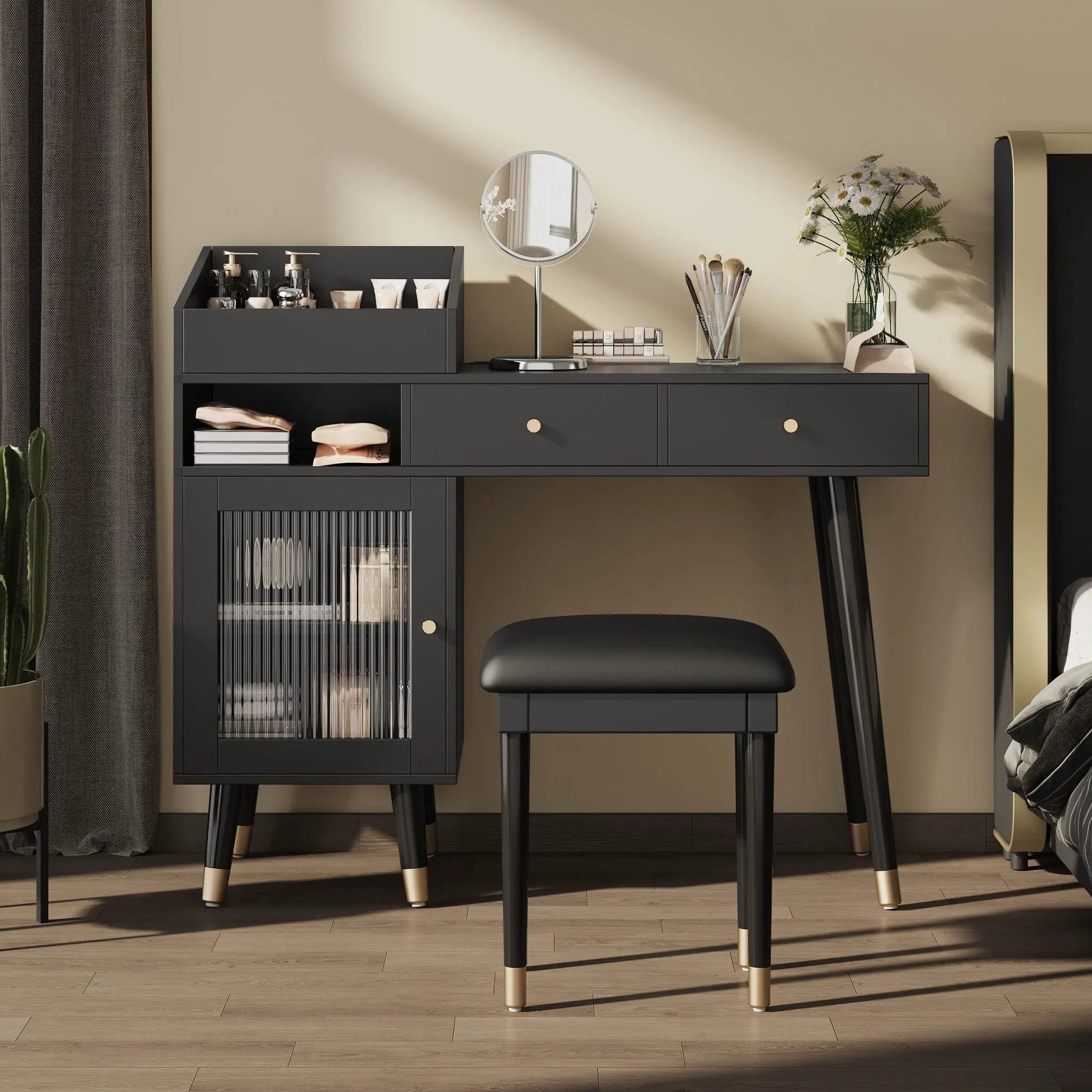 Modern Makeup Vanity Desk With Drawers Cabinet & Charging Port Engineered Wood Space Saving Design For Small Places - Black by HouseOfZazla