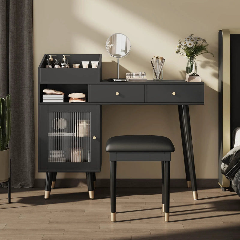 Modern Makeup Vanity Desk With Drawers Cabinet & Charging Port Engineered Wood Space Saving Design For Small Places - Black by HouseOfZazla