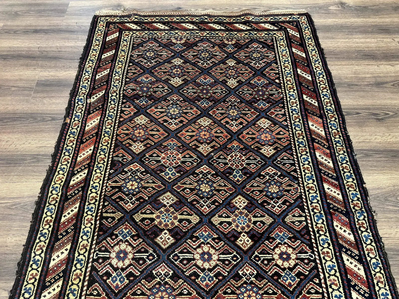 Antique Persian Wide Runner Rug 4x9, Kurdish Rug, Panel Design, Rainbow Border, Rare Tribal Rug by Jewel Rugs
