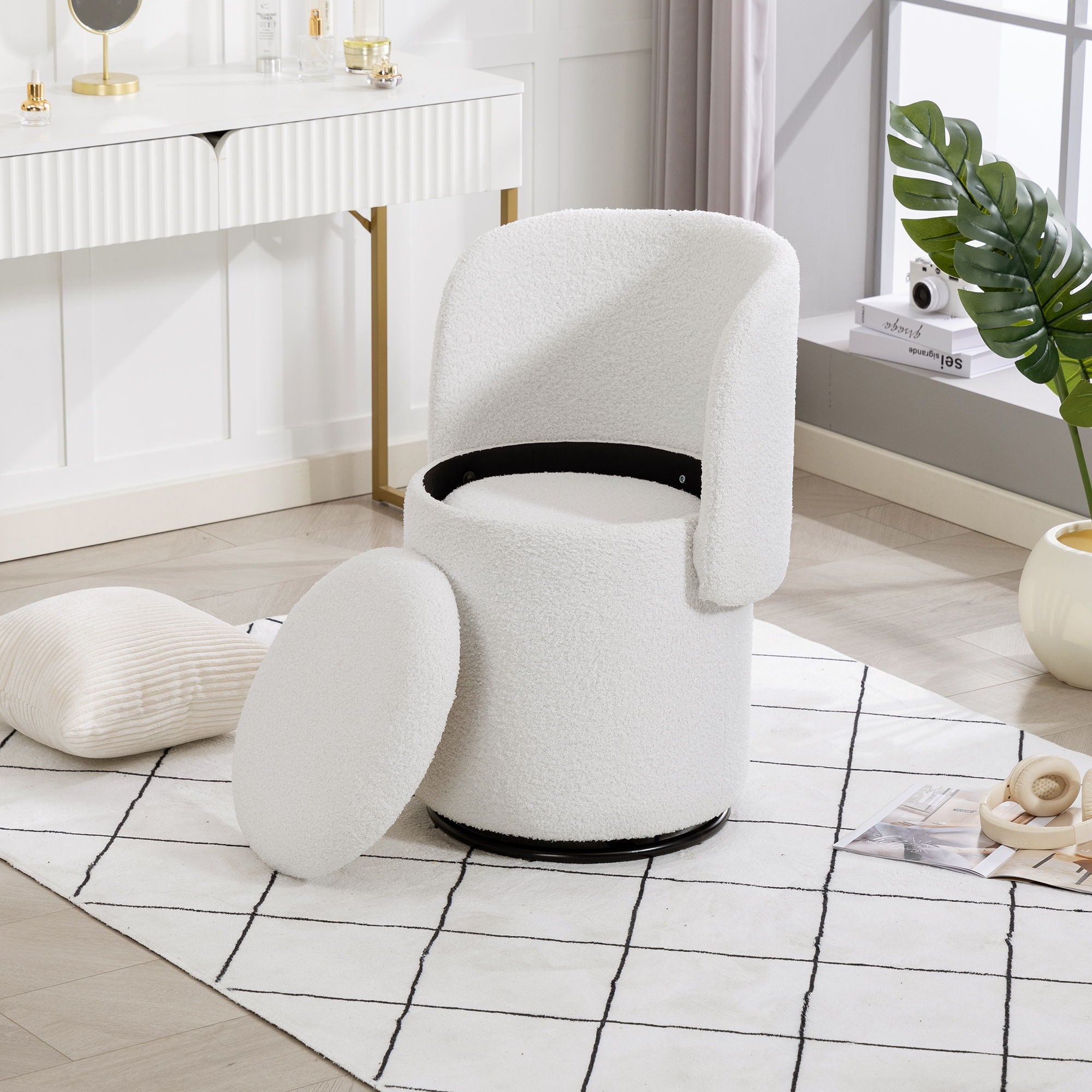 Barrel Chair & Built In Storage, 360° Swivel - Beige by HouseOfZazla