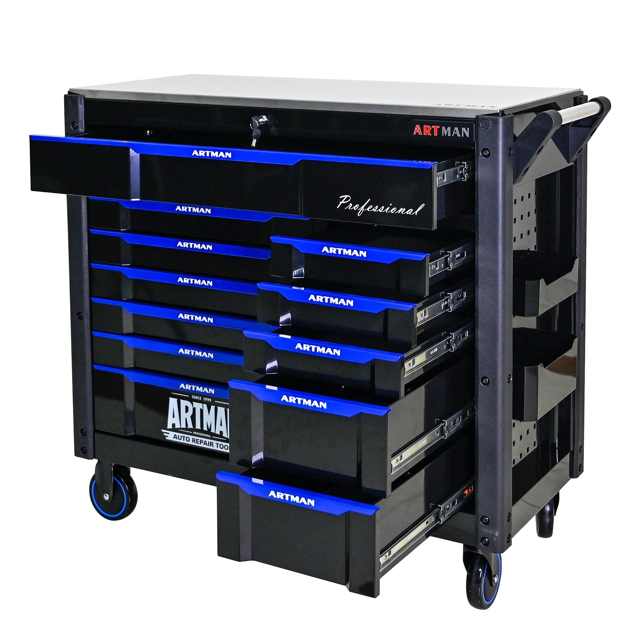 12 Layer Drawer Multi Purpose Tool Cart With Wheels And Iron Top - Black / Blue by HouseOfZazla