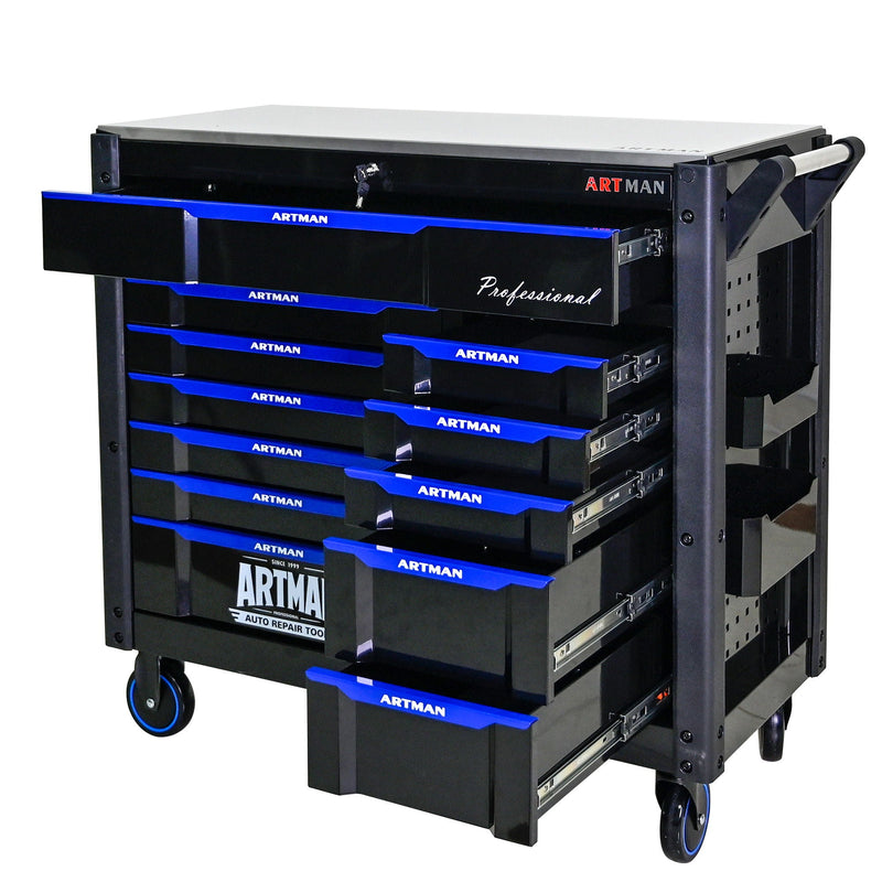 12 Layer Drawer Multi Purpose Tool Cart With Wheels And Iron Top - Black / Blue by HouseOfZazla