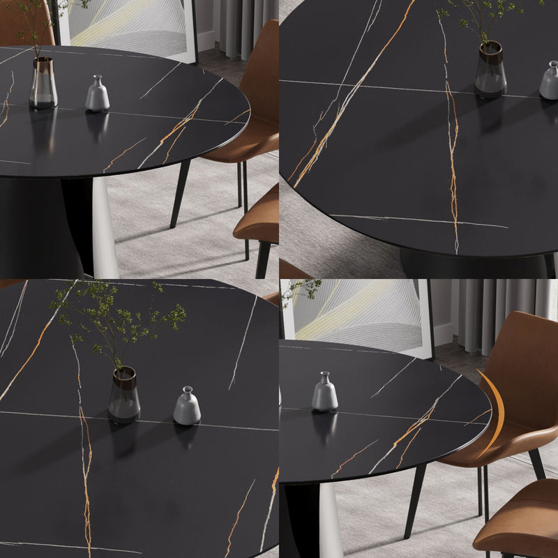Modern Artificial Stone Round Carbon Steel Base Dining Table, Can Accommodate 6 People - Black / Gold by HouseOfZazla