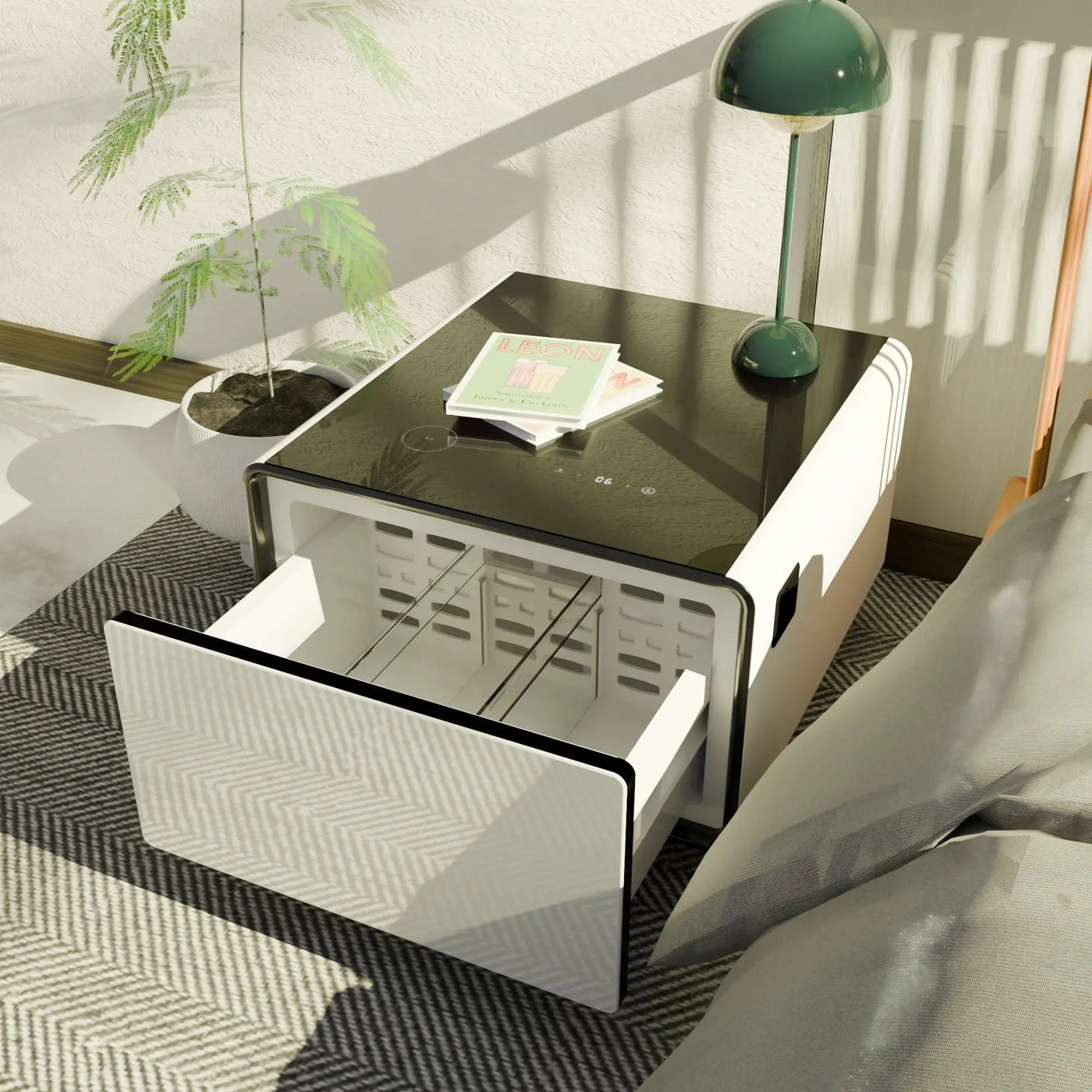 Modern Smart Side Table With Built-In Fridge, Wireless Charging, Temperature Control, Power Socket, USB Ports, Outlet Protection, Induction Light by HouseOfZazla