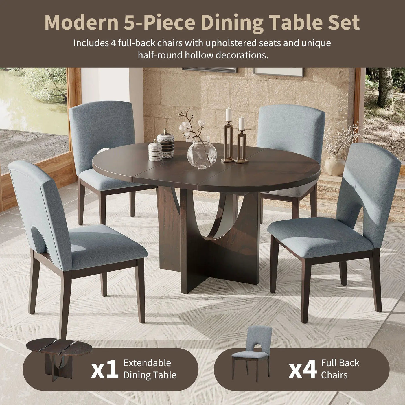Topmax - 5 Piece Modern Extendable Round Dining Table Set With Removable Leaf For Small Places by Unique Piece Furniture