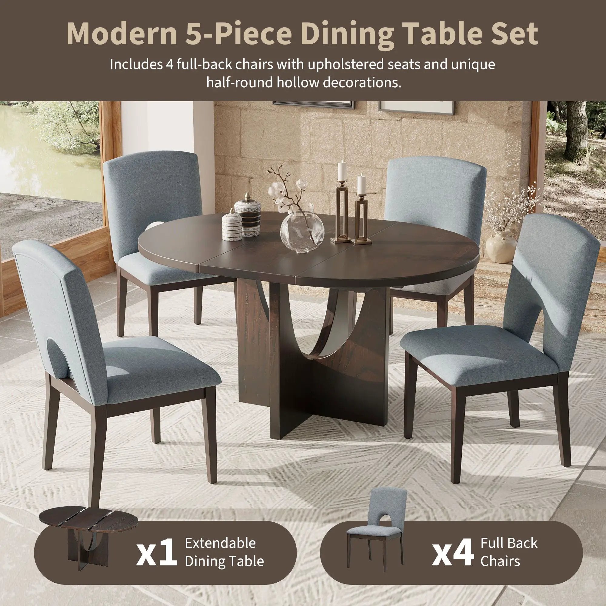 Topmax - 5 Piece Modern Extendable Round Dining Table Set With Removable Leaf For Small Places by HouseOfZazla
