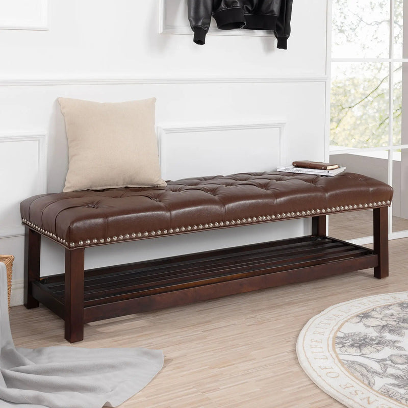 Bedroom End Of Bed Bench Tufted Upholstered End Of Bed Bench End Of Bed Entrance Shoe Bench With Nailhead Trim And Shelf Bedroom Upholstered Bench Living Room Shoe Rack Footstool by Unique Piece Furniture