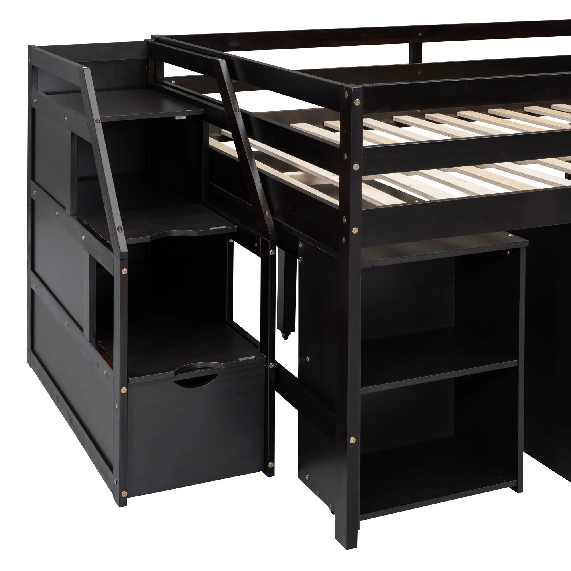 Loft Bed With Retractable Writing Desk And 3 Drawers With Storage Stairs And Shelves by HouseOfZazla