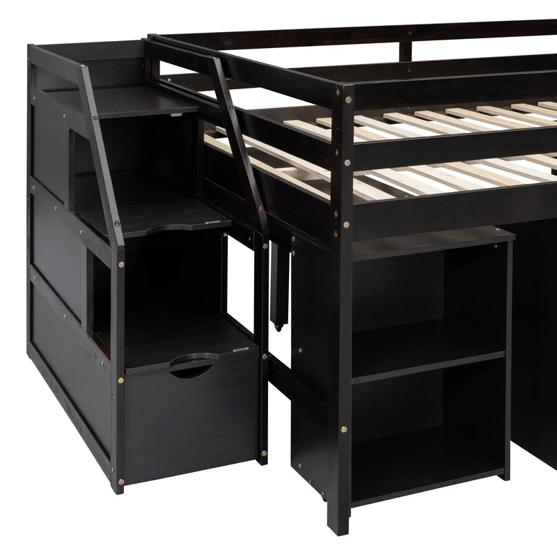 Loft Bed With Retractable Writing Desk And 3 Drawers With Storage Stairs And Shelves by HouseOfZazla