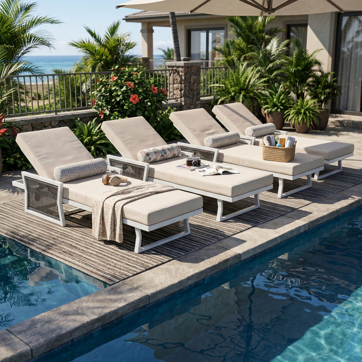 Modern White Iron Outdoor Chaise Lounger Set with Adjustable Backrest - White, photo 9 of 10