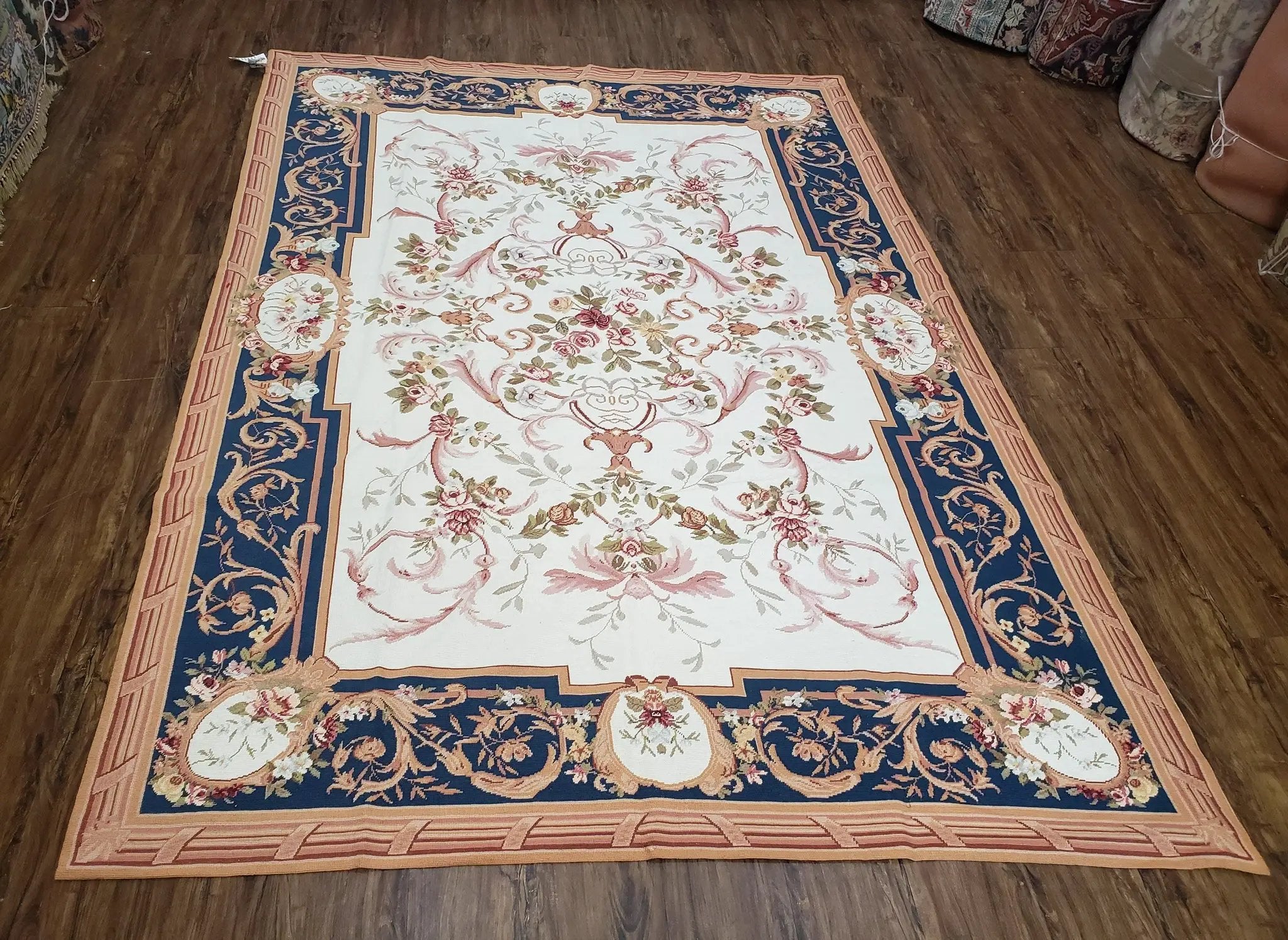 Chinese Aubusson Savonnerie Area Rug 6x8, Vintage Hand-Woven Needlepoint Rug, Flat Weave Handmade Wool Carpet Living Room Ivory & Navy Blue by Jewel Rugs