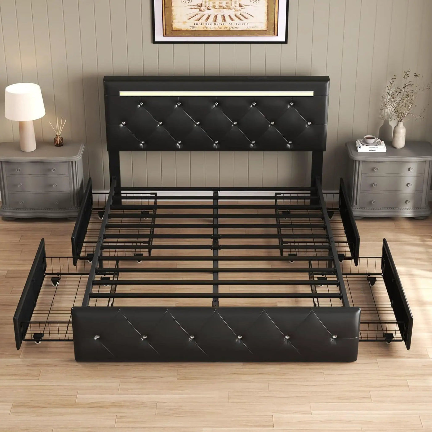 Upholstered Bed Frame With LED Lights, 4 Storage Drawers, Charging Station by HouseOfZazla